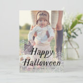 Spider Web Happy Halloween Foto Card Dankeskarte (Stehend Vorderseite)
