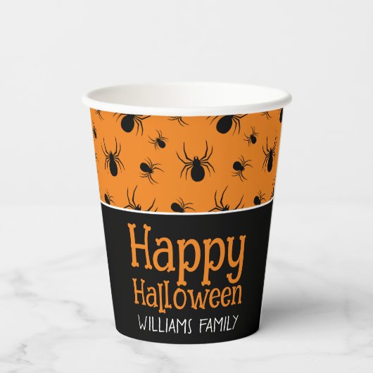 Spiders Happy Halloween Black Orange Custom Pappbecher (Rückseite)
