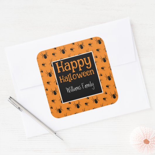Spiders Happy Halloween Black Orange Custom Quadratischer Aufkleber (Umschlag)