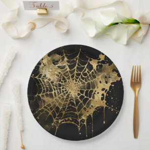 Spiderweb Elegance Creepy Beautiful Gold Cobweb Pappteller