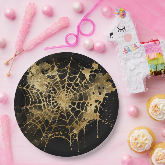 Spiderweb Elegance | Creepy Beautiful Gold Cobweb Pappteller (Party)