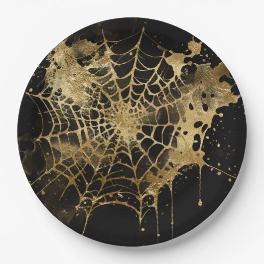 Spiderweb Elegance | Creepy Beautiful Gold Cobweb Pappteller (Vorderseite)