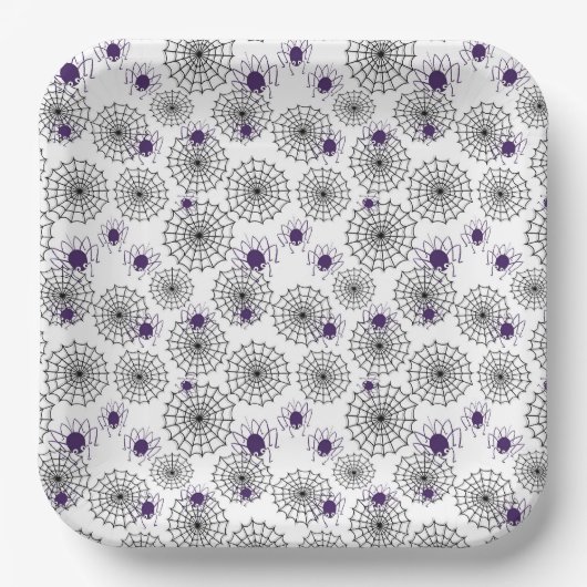 Spiderweb & Lila Spiders Halloween White Pattern Pappteller (Vorderseite)