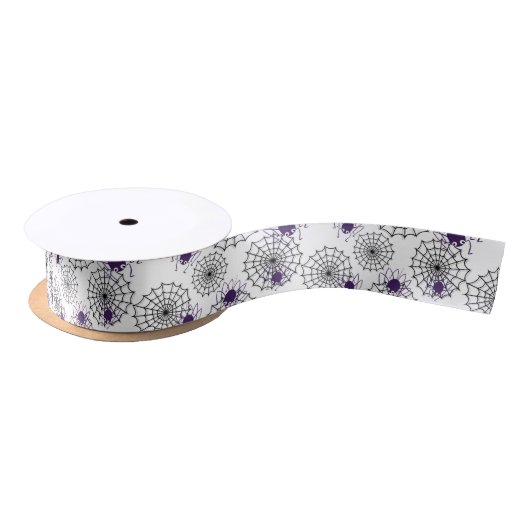 Spiderweb & Lila Spiders Halloween White Pattern Satinband (Spule)