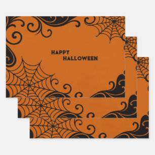 Spiderweb Ornament Orange Black Halloween Geschenkpapier Set