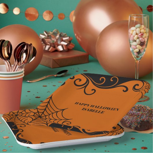 Spiderweb Ornament Orange Black halloween Pappteller (Multi)