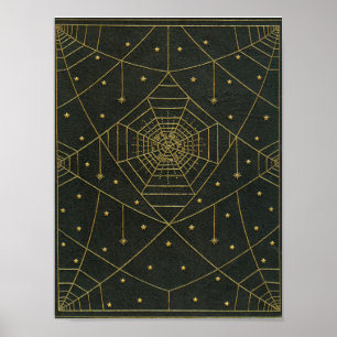 Spiderweb spider and stars black and gold poster