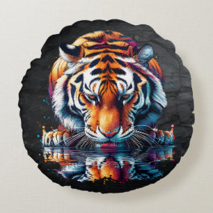 Spiegelung eines Tigers beim Trinken von Wasser  Rundes Kissen