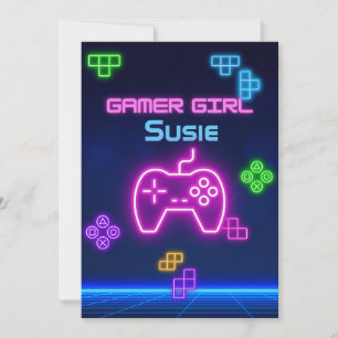 Spiel auf Neon-Pink, Blau, Gelb Gamer-Einladung Einladung
