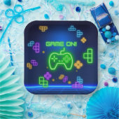 Spiel auf Neongrün, blau Gamer Pappteller (Party)