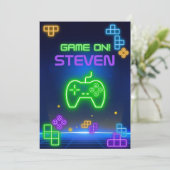 Spiel auf neungrün, blau, gelb Gamer Einladung (Stehend Vorderseite)