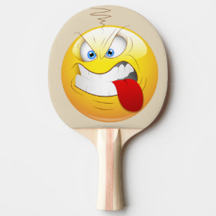 Spiel auf verärgertem glücklichem Gesicht in Tischtennis Schläger
