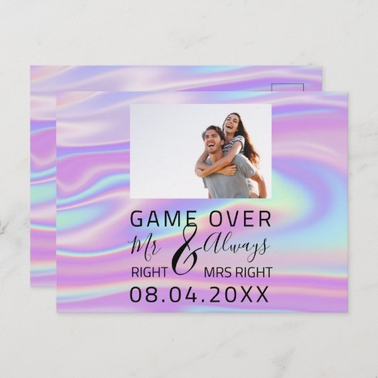 Spiel über holografisch lustige Save the Date Hoch Postkarte (Vorne/Hinten)