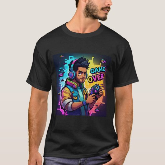 Spiel über Neon Gamer T - Shirt Futuristic Cyberpu (Vorderseite)