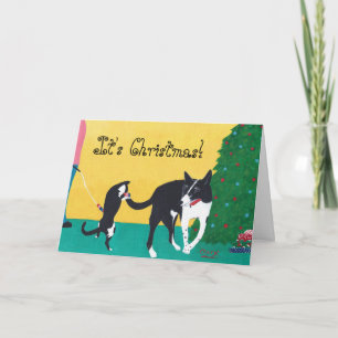 Spielen Sie Ihre Weihnachtskatze mit Baumkarten Feiertagskarte