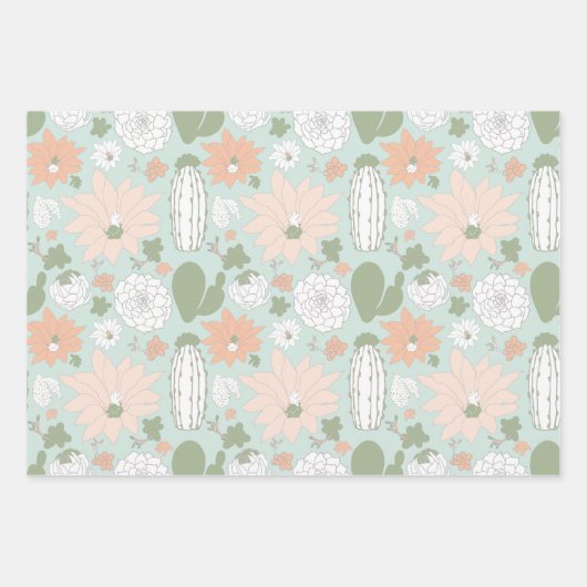 Spielend Cacti Peach Green Floral Print Geschenkpapier Set (Vorderseite)