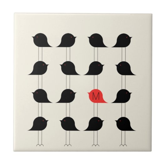 Spielend Modernes Schwarzes Rotes Vogelmuster Mono Fliese (Vorderseite)