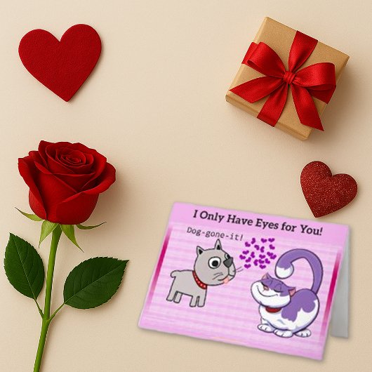 Spielend rosa Cartoon Dog Cat Liebe Feiertagskarte