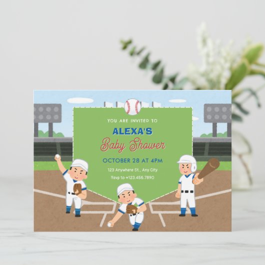 Spielende Baseball-Babydusche Einladung (Stehend Vorderseite)