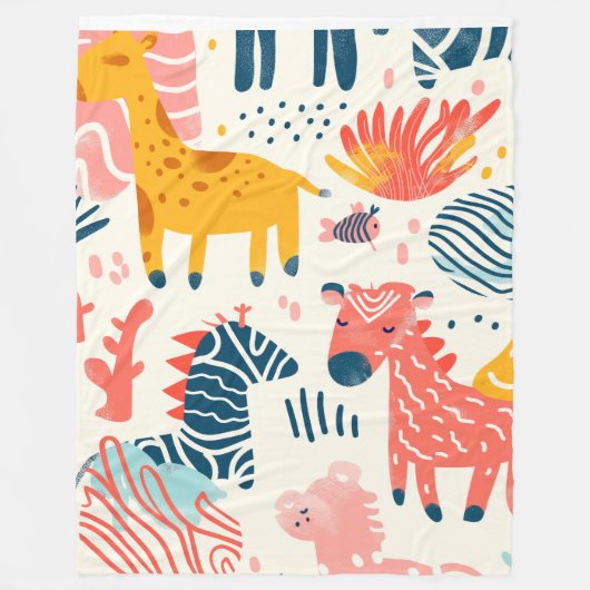 Spielende Fantasietiere auf weiß Fleecedecke (Vorderseite)