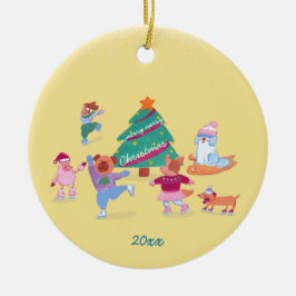 Spielende Hunde Eis Skaten Gelbes Weihnachtsfest F Keramik Ornament
