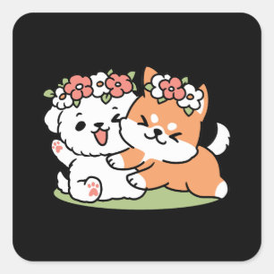 Spielende Hunde mit Blume Kronen - Fun Spring Them Quadratischer Aufkleber