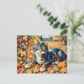 Spielende Katze im Herbst Postkarte (Stehend Vorderseite)