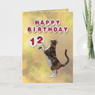Spielende Katze und 12. Happy Birthday Ballons Karte
