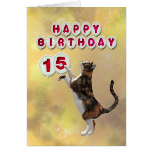 Spielende Katze und 15. Happy Birthday Ballons
