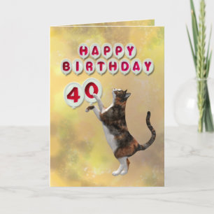 Spielende Katze und 40. Happy Birthday Ballons Karte
