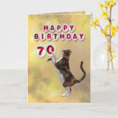 Spielende Katze und 70. Happy Birthday Ballons Karte (Gelbe Blume)