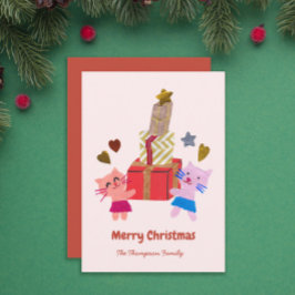 Spielende Katzen mit Geschenkboxen pink Feiertagskarte