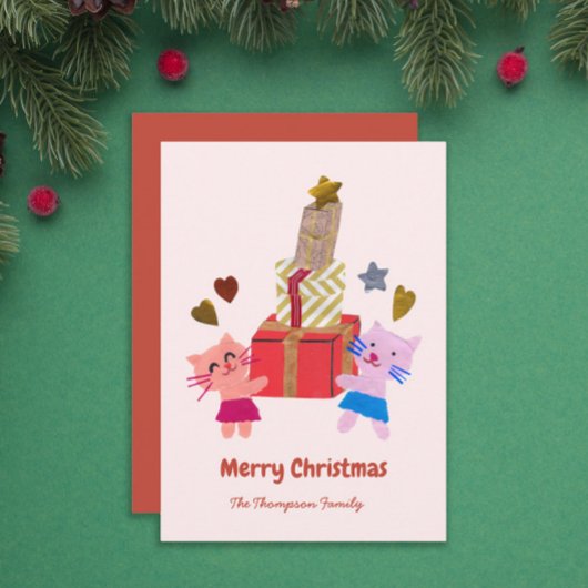 Spielende Katzen mit Geschenkboxen pink Feiertagskarte