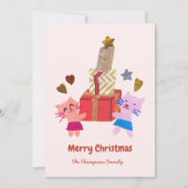 Spielende Katzen mit Geschenkboxen pink Feiertagskarte (Vorderseite)