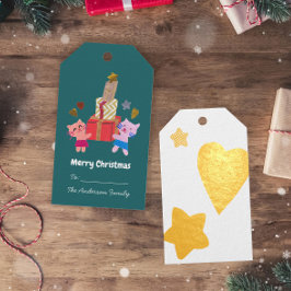 Spielende Katzen und Geschenke Sterne Grün Weihnac Geschenkanhänger