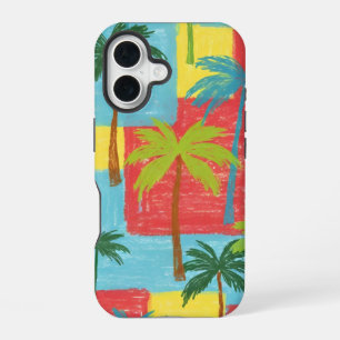 Spielende Palmen – Sommer-Crayon-Stil-Muster iPhone 16 Hülle
