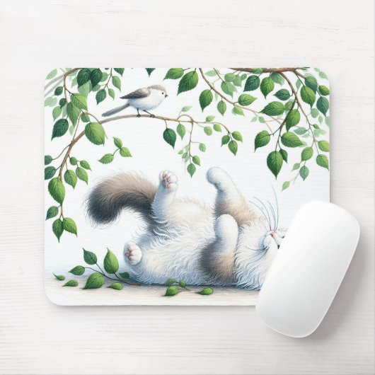 Spielende weiße Katze mit Bird in Tree Mousepad (Mit Mouse)