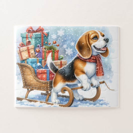 Spielender Beagle Dog Christmas Sleigh Puppy Puzzle (Horizontal)
