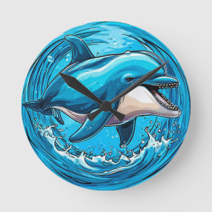 Spielender Delfin springt in Wasserspritzern Runde Wanduhr