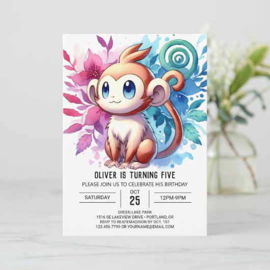 Spielender digitaler Affe Geburtstag Einladung (Stehend Vorderseite)