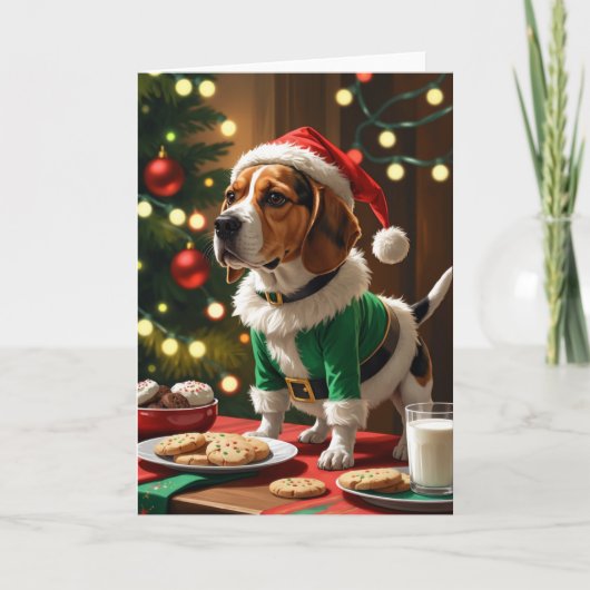 Spielender Elf-Beagle mit Cookies für den Weihnach Karte (Vorderseite)