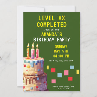 Spielender Green & Yellow Pixel Cake Gamer Geburts Einladung