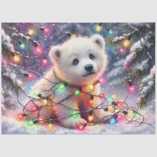 Spielender Polar Bär & festliche Lichter Decoupage Seidenpapier (Vorderseite)