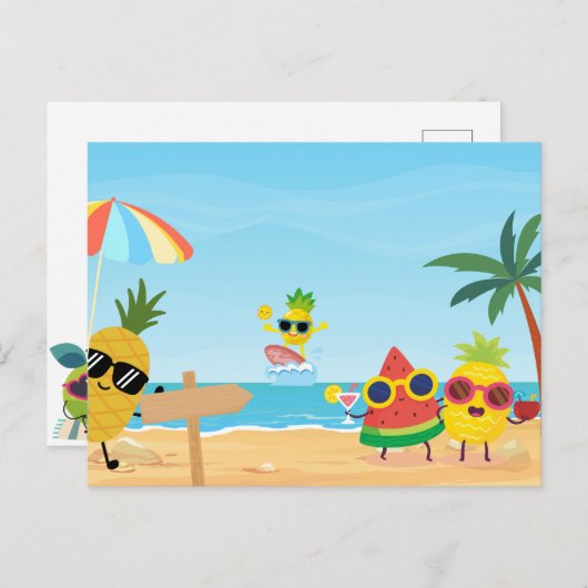 Spielender Sommerstrand Cartoon Obst lustig Postkarte (Vorne/Hinten)