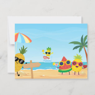 Spielender Sommerstrand Cartoon Obst lustig Postkarte