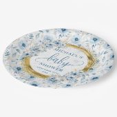 Spielender, staubblauer Aquarell Blume Goldboy Pappteller (Schrägansicht)