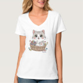 Spielender Strick Katze mit Blume-Körbe T-Shirt (Vorderseite)