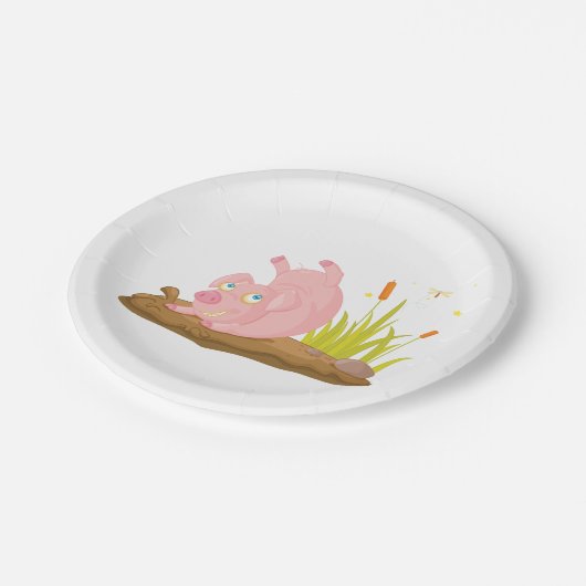 Spielendes Schwein in der sonnigen Farm Tier Pappteller (Schrägansicht)