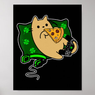 Spieler Katze isst Pizza Kleeblatt St. Patricks Poster