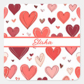 Spielerisch von Hand gezeichnete rote Herzmuster a Quadratischer Aufkleber (Vorderseite)